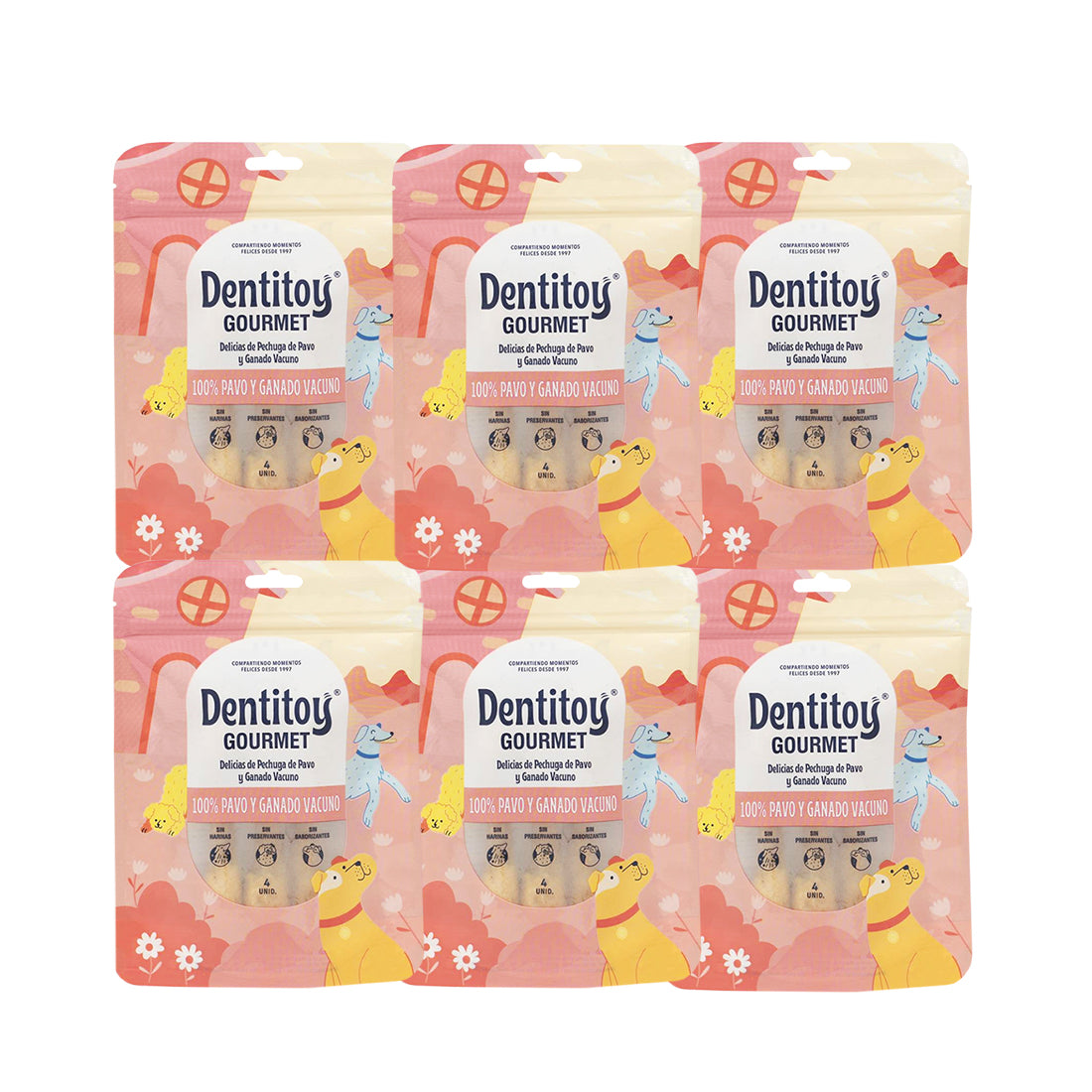 DELICIAS DE PECHUGA DE PAVO Y VACUNO DENTITOY GOURMET BOLSA 4 UNID PACK X 6