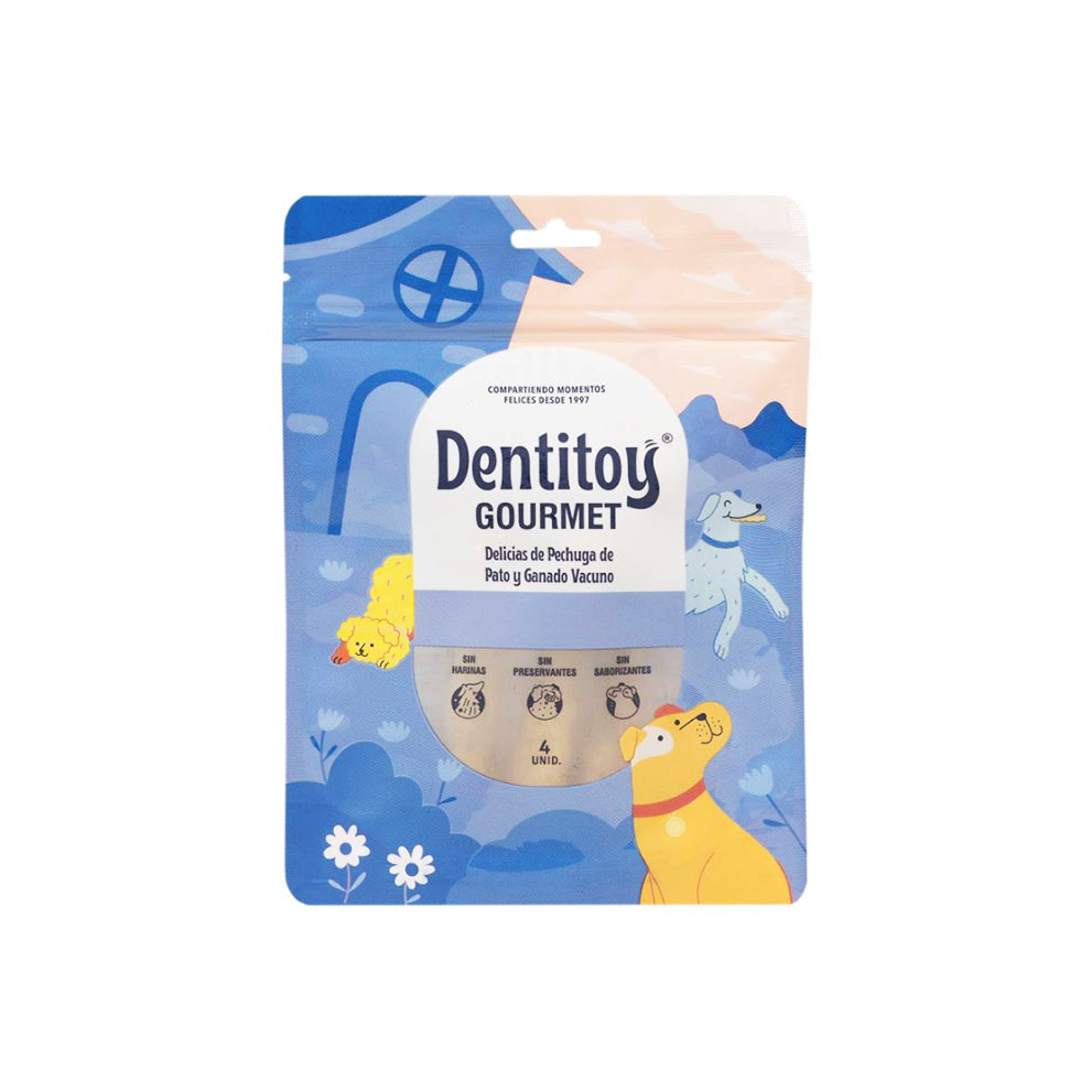 DELICIAS DE PECHUGA DE PATO Y VACUNO DENTITOY GOURMET BOLSA 4 UNID