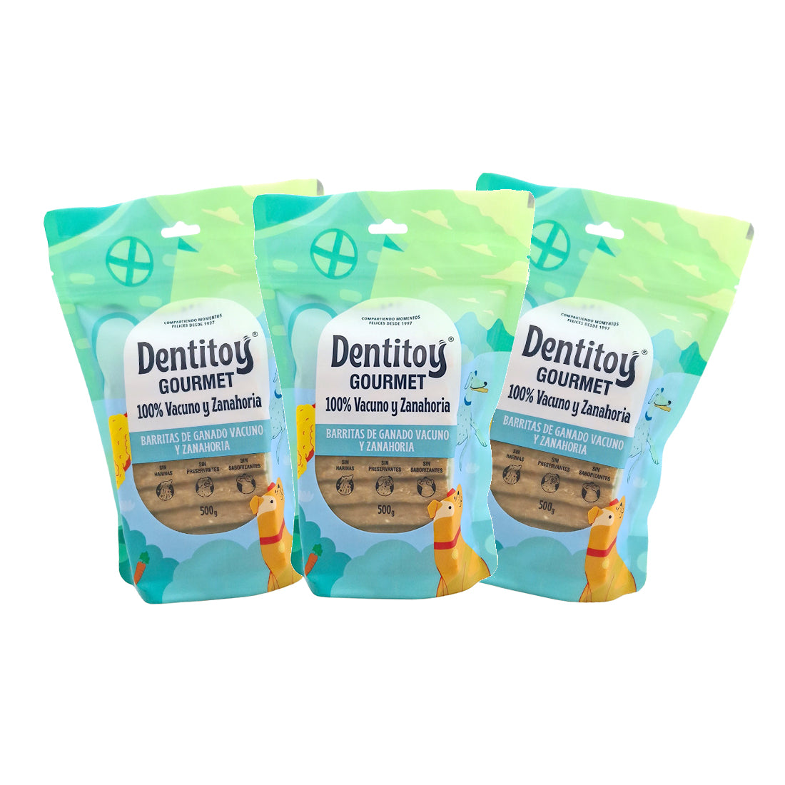 BARRITAS DE VACUNO Y ZANAHORIA DENTITOY GOURMET BOLSA 500 G PACK X 3
