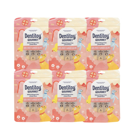 DELICIAS DE PECHUGA DE PAVO Y VACUNO DENTITOY GOURMET BOLSA 4 UNID PACK X 6