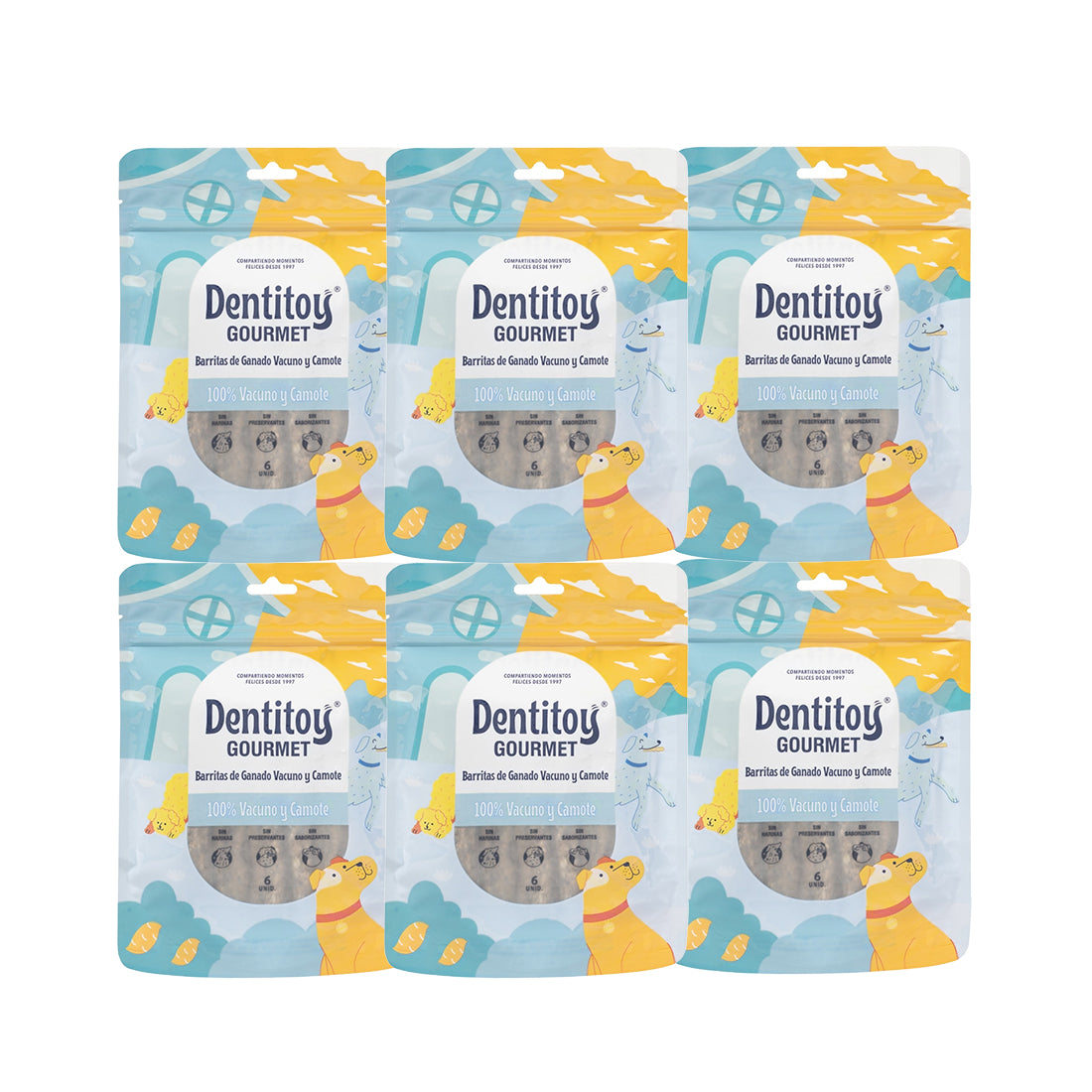 BARRITAS DE VACUNO Y CAMOTE DENTITOY GOURMET BOLSA 6 UNID PACK X 6
