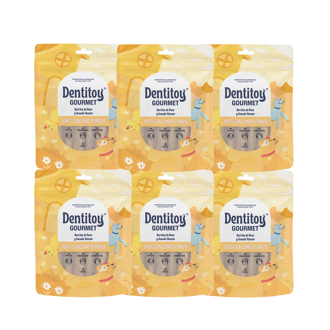 BARRITAS DE VACUNO Y PAVO DENTITOY GOURMET BOLSA 6 UNID PACK X 6