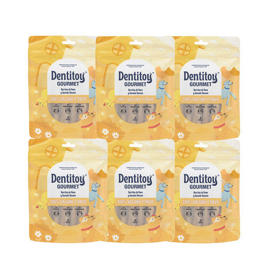 BARRITAS DE VACUNO Y PAVO DENTITOY GOURMET BOLSA 6 UNID PACK X 6
