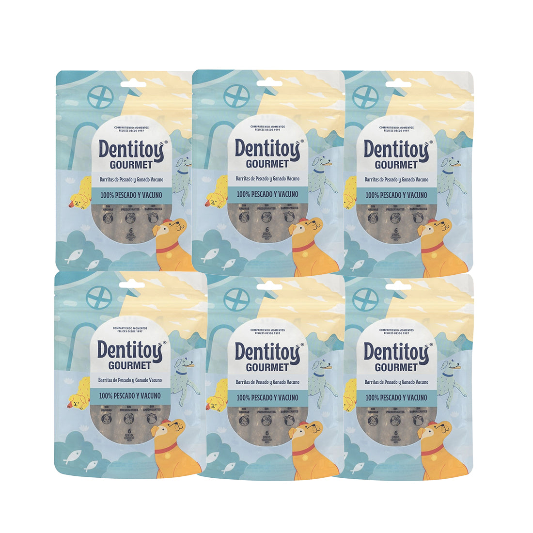 BARRITAS DE VACUNO Y PESCADO DENTITOY GOURMET BOLSA 6 UNID PACK X 6