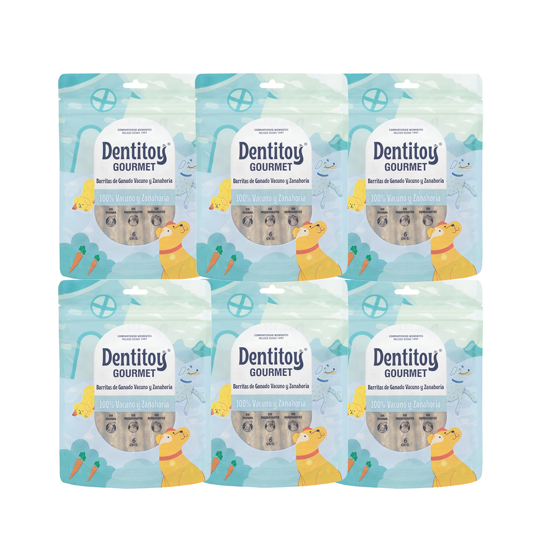 BARRITAS DE VACUNO Y ZANAHORIA DENTITOY GOURMET BOLSA 6 UNID PACK X 6
