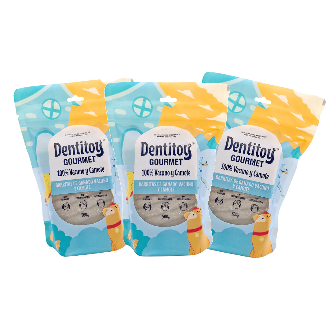 BARRITAS DE VACUNO Y CAMOTE DENTITOY GOURMET BOLSA 500 G PACK X 3